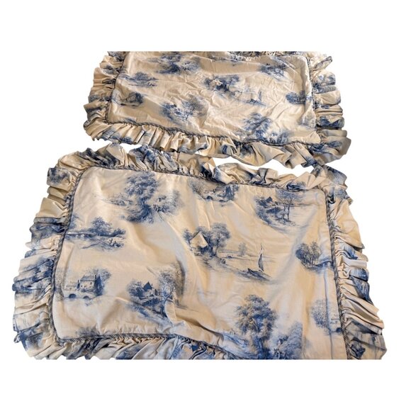 2 French Country Toile Blue Off White Custom made Ruffled Pillow Shams Standard - Picture 1 of 6
